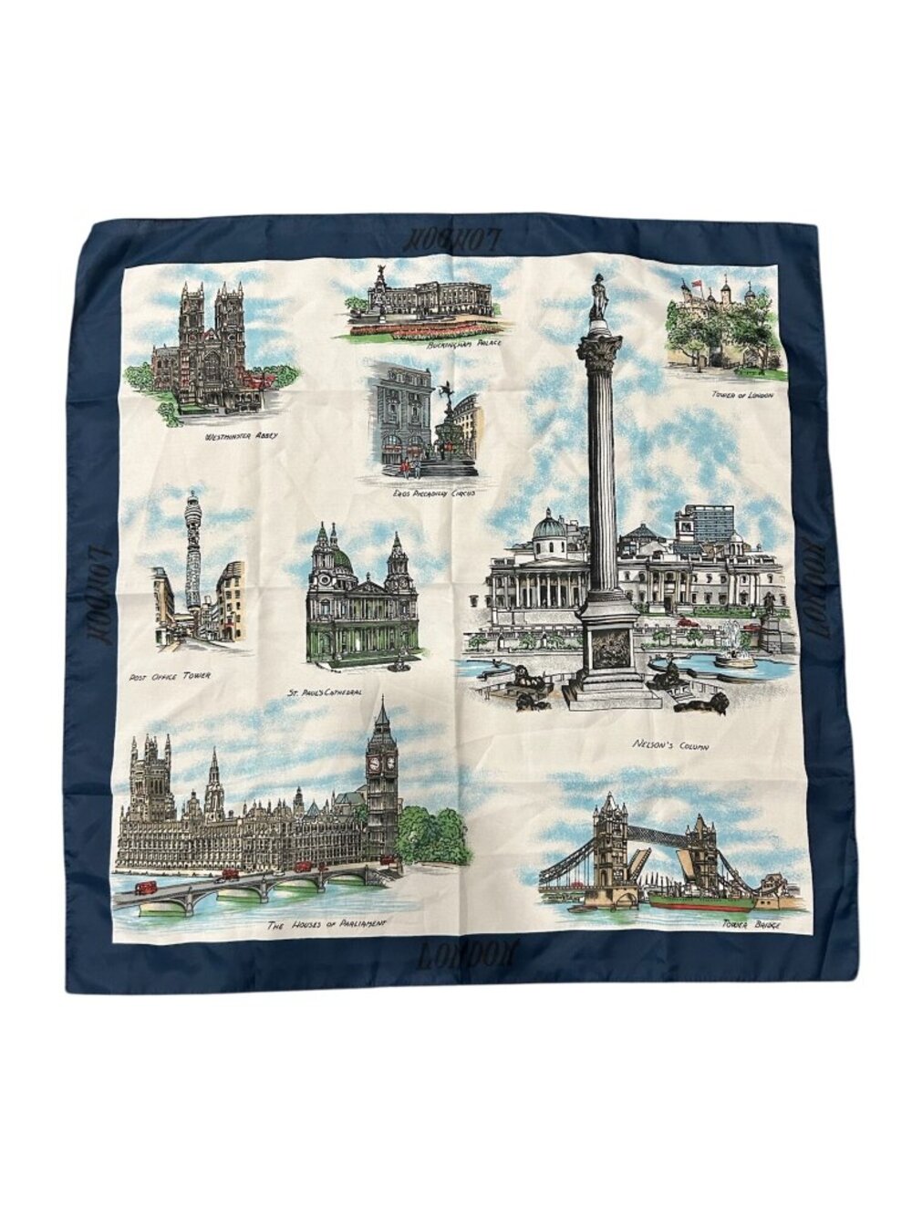 London Landmark Design Scarf Blue White Square Shawl Wrap Polyester Italy Made